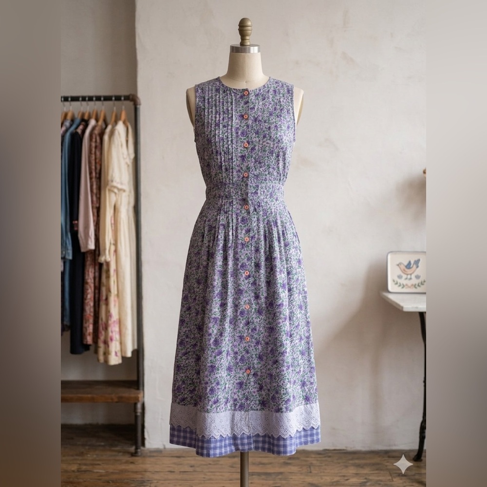 Sleeveless Lavender Floral Midi Dress with Button Front
